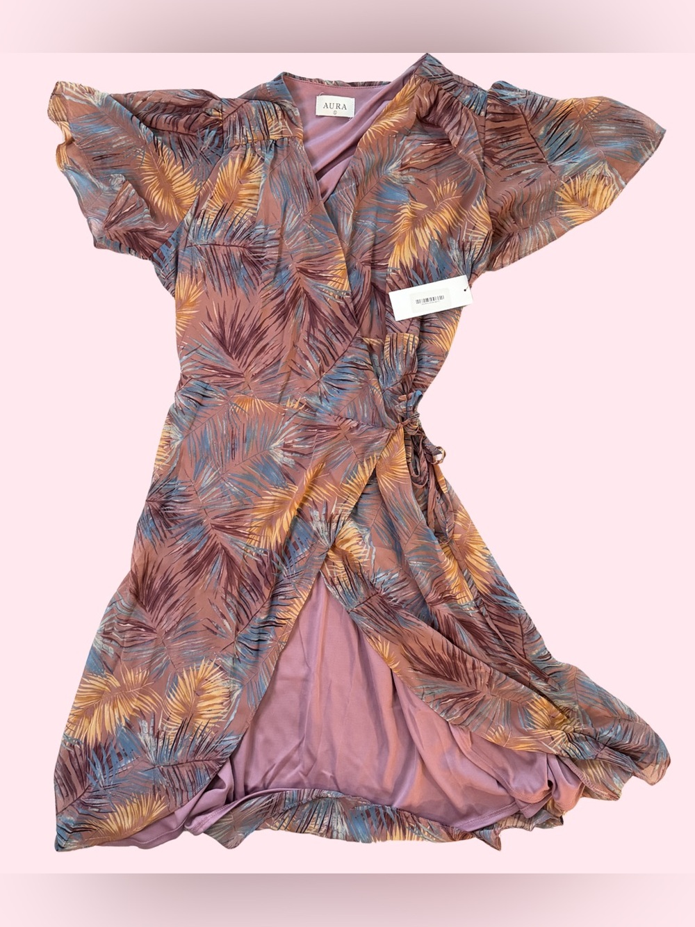 NWT Aura Mauve Palm-Print Wrap Dress with Blue and Gold Accents
